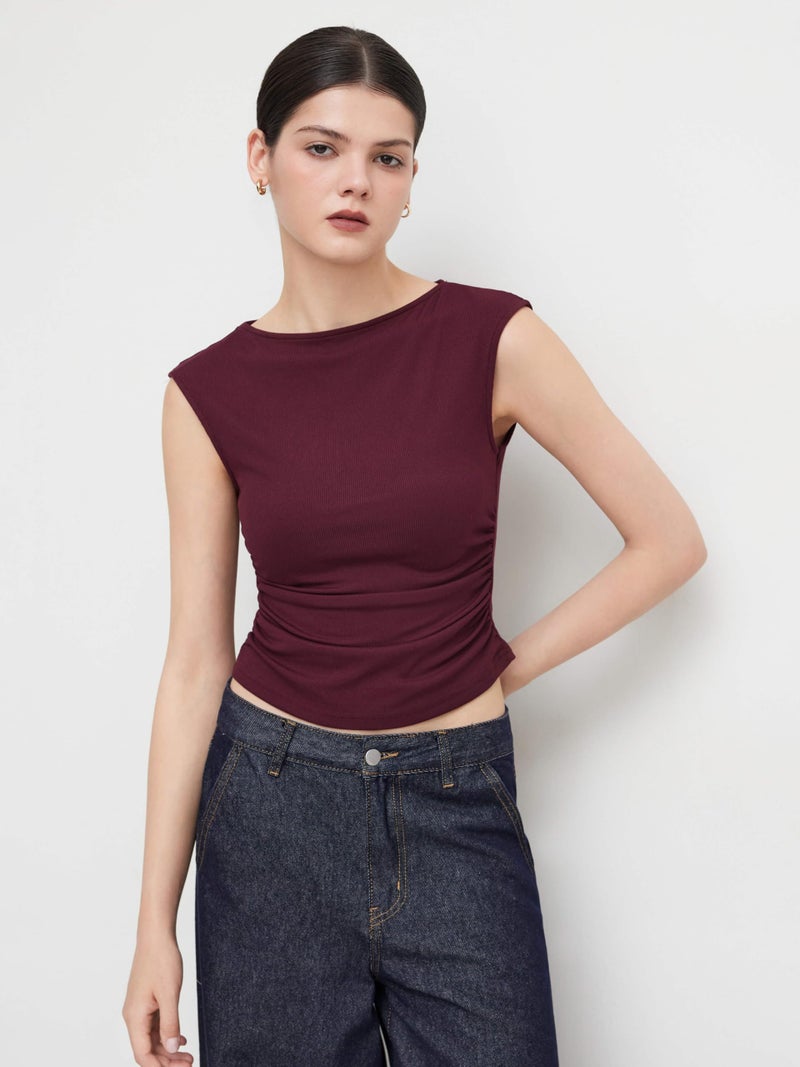 CIDER Boat Neck Tops for Women Sleeveless Ruched Crop Tank Tops Slim Fit Trendy Summer Outfits Casual Tee Shirt Burgundy - Image 2