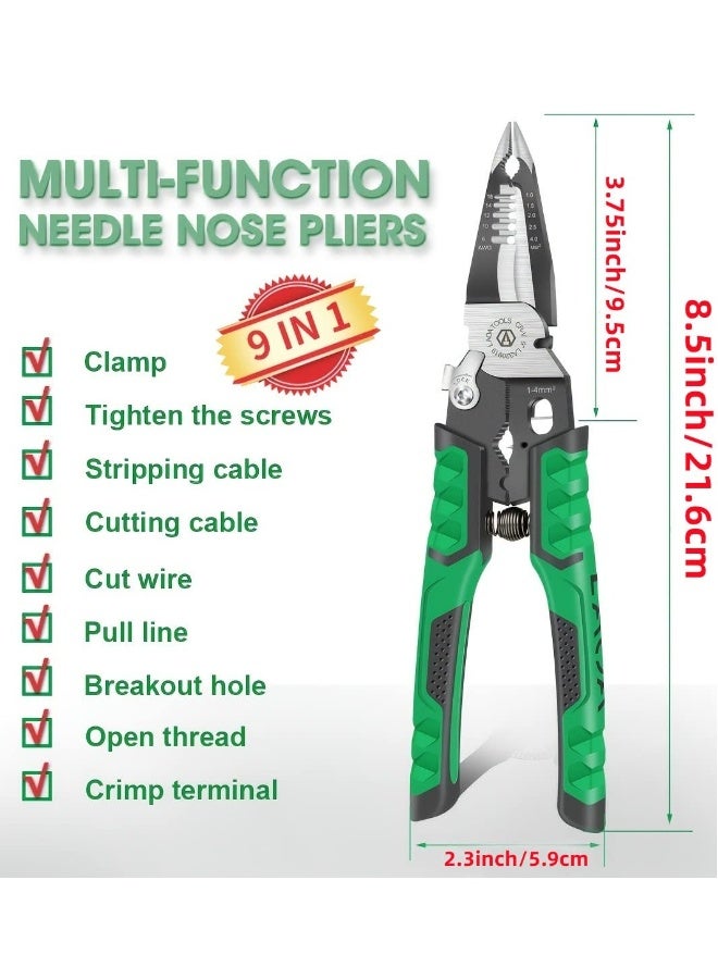 Needle Nose Pliers, 9-in-1 Multifunctional Electrician Pliers, Wire Stripper Tool for Clamping, Tightening Screws, Stripping Wires, and Cutting Cables - Image 2