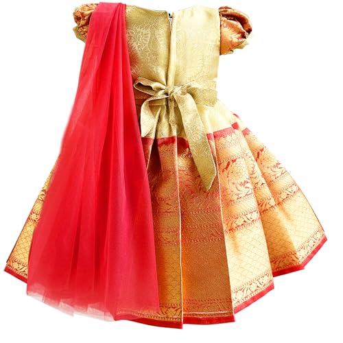 Stanwells Kids Gold & Peach Banarasi Silk Saree Frock for Baby Girls – Ethnic Wear for Festivals, Weddings & Birthday Parties(5-6 Years) - Image 2