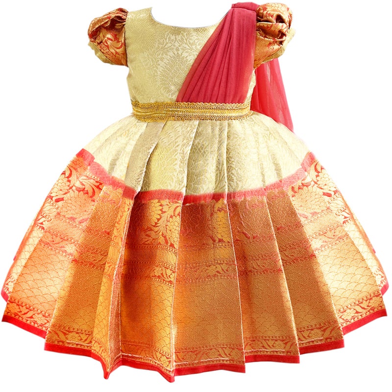 Stanwells Kids Gold & Peach Banarasi Silk Saree Frock for Baby Girls – Ethnic Wear for Festivals, Weddings & Birthday Parties(5-6 Years) - Image 5