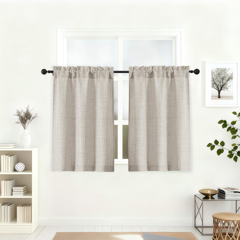 Lecloud Kitchen Curtains 36 Inch Length 2 Pcs, Airy Privacy Light Filtering Short Tiers, Soft Modern Window Drapes for Cafe Bathroom Cabinet RV Camper Basement, Each Panel 30" W x 36" L, Linen Color - Image 1