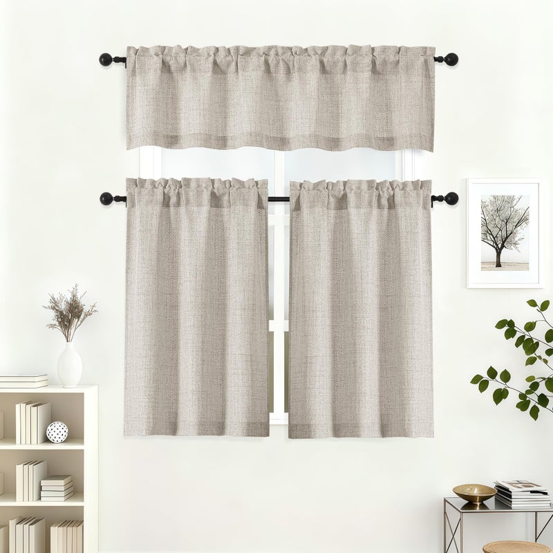 Lecloud Kitchen Curtains 36 Inch Length 2 Pcs, Airy Privacy Light Filtering Short Tiers, Soft Modern Window Drapes for Cafe Bathroom Cabinet RV Camper Basement, Each Panel 30" W x 36" L, Linen Color - Image 2