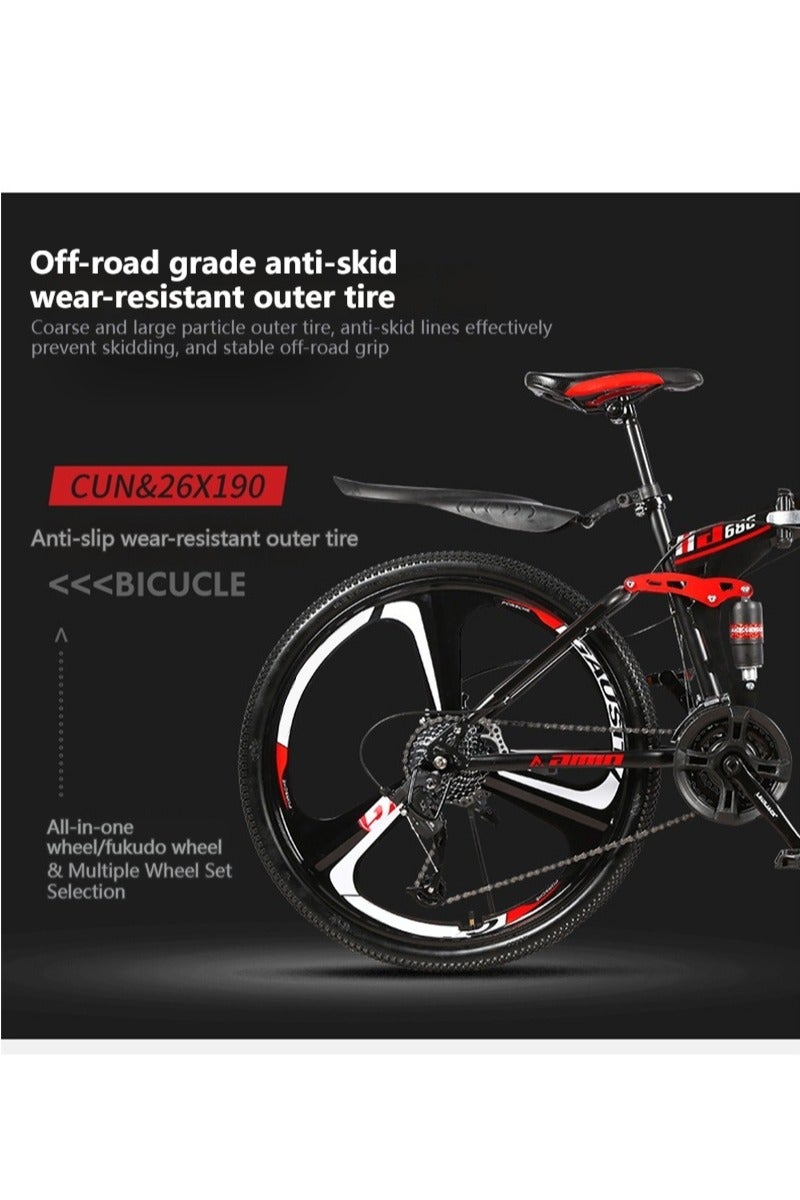 amin 26 Inch Folding Mountain Bike, 24 Speed Full Suspension High-Carbon Steel Foldable Bicycle, Dual Disc Brake Non-Slip Folding Bikes for Adults/Men/Women，Shock Absorption, 6-Blade Wheel - Image 5