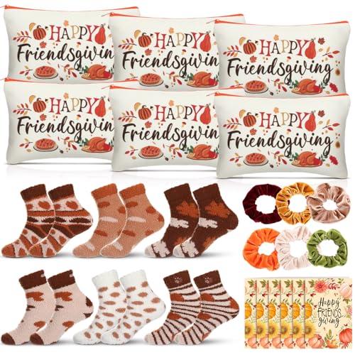 SilTriangle 6 Set Happy Friendsgiving Gift Includes Makeup Bag Colorful Warm Fuzzy Crew Socks Velvet Scrunchies and Happy Friendsgiving Card for Thanksgiving Fall Party Supplies Guest Friends Gift - Image 1