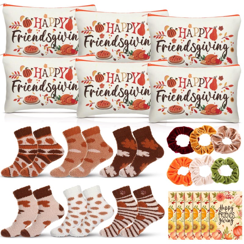SilTriangle 6 Set Happy Friendsgiving Gift Includes Makeup Bag Colorful Warm Fuzzy Crew Socks Velvet Scrunchies and Happy Friendsgiving Card for Thanksgiving Fall Party Supplies Guest Friends Gift - Image 2