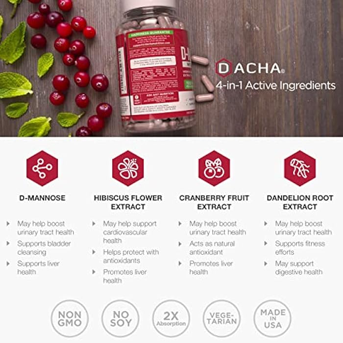 DACHA Natural D-Mannose Capsules 4-in-1 Formula - 120 CAPS, 1500 MG Cranberry, Dandelion, Hibiscus Flower Extract, Pills for Supporting Bladder and Urinary Tract Health - Image 5