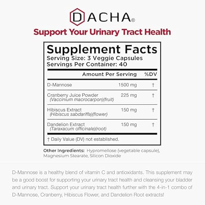 DACHA Natural D-Mannose Capsules 4-in-1 Formula - 120 CAPS, 1500 MG Cranberry, Dandelion, Hibiscus Flower Extract, Pills for Supporting Bladder and Urinary Tract Health - Image 4