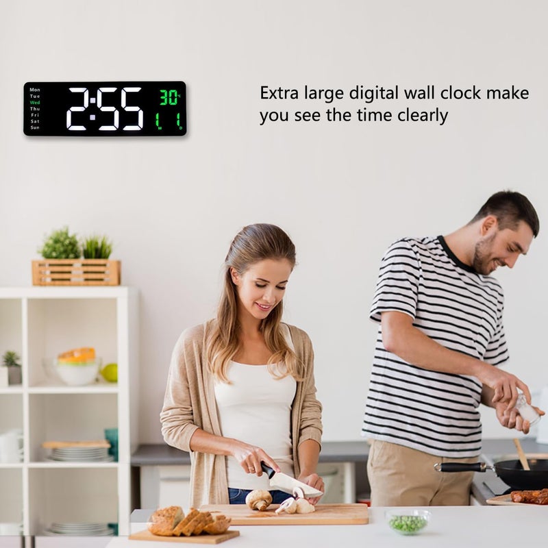 GETZET ساعة حائط LED GETZET عرض كبير مع جهاز تحكم عن بعد درجة الحرارة وتعتيم تلقائي سطوع تلقائي منبه رقمي تاريخ أسبوع ساعة للاستخدام في غرفة المعيشة غرفة النوم لون أخضر - Image 5