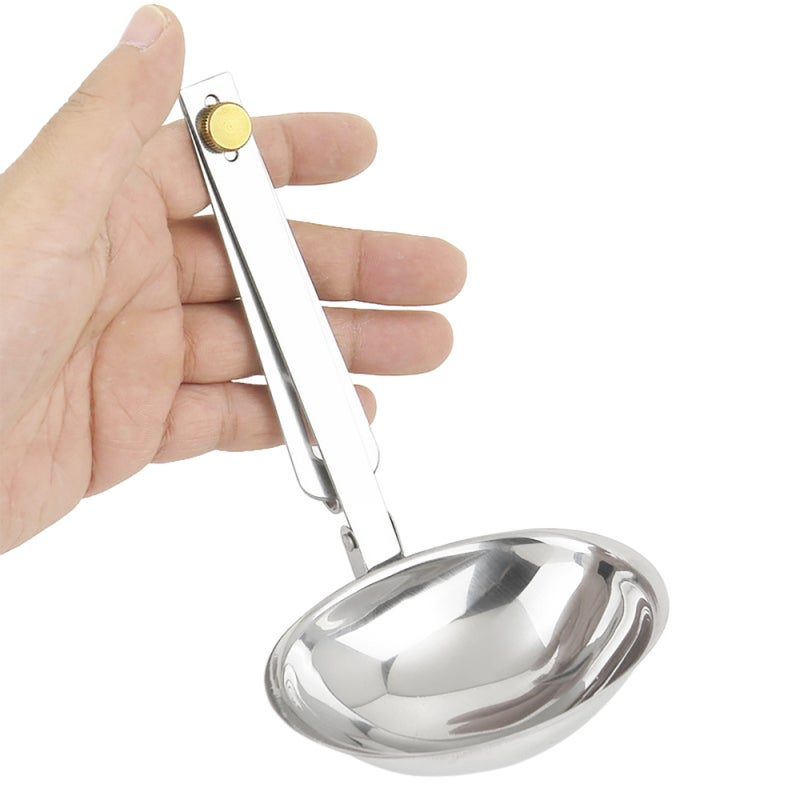Folding Soup Spoon: Silver Stainless Steel Corrosion-Resistant Durable - Adjustable Copper Knob Lock Foldable Spoon for Camping Hiking Backpacking Outdoor Cooking Home Use - Image 3