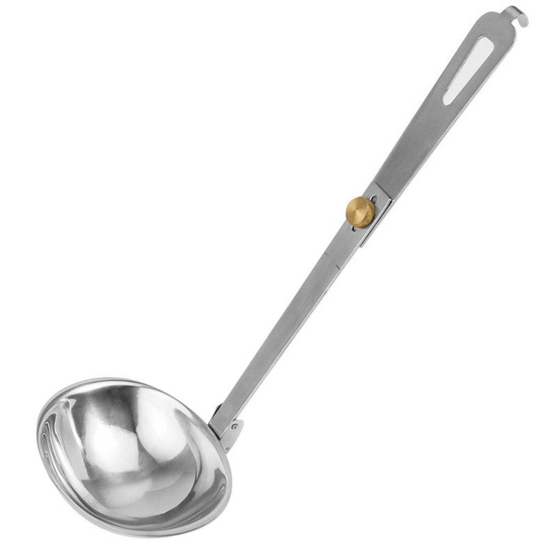 Folding Soup Spoon: Silver Stainless Steel Corrosion-Resistant Durable - Adjustable Copper Knob Lock Foldable Spoon for Camping Hiking Backpacking Outdoor Cooking Home Use - Image 1