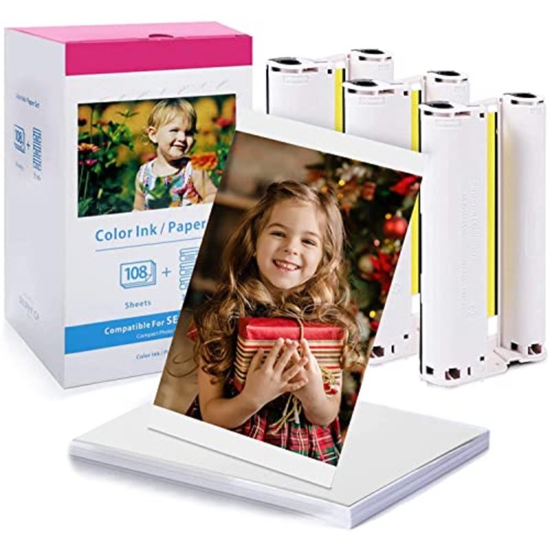 حبر وورق Canon Selphy CP1300 المتوافق، KP-108IN ورق صور لامع مقاس 4x6 بوصة لطابعات الصور Selphy CP1500 CP1300 CP1200 CP1000 CP910 CP900، و108 ورقة صور و3 خراطيش حبر ملونة - Image 1