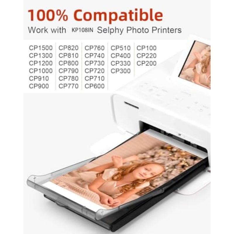 حبر وورق Canon Selphy CP1300 المتوافق، KP-108IN ورق صور لامع مقاس 4x6 بوصة لطابعات الصور Selphy CP1500 CP1300 CP1200 CP1000 CP910 CP900، و108 ورقة صور و3 خراطيش حبر ملونة - Image 4
