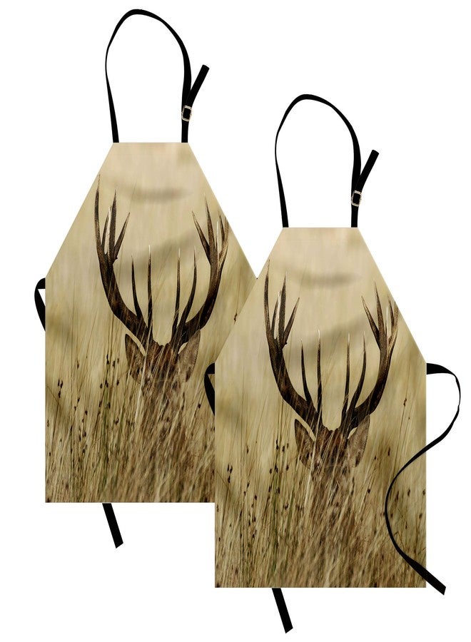 Lunarable Antler Apron Pack of 2, Whitetail Deer Fawn in Wilderness Stag in Countryside Rural Hunting Theme, Unisex Kitchen Bib with Adjustable Neck, 2 Pcs - Adult Size, Sand Brown - Image 1