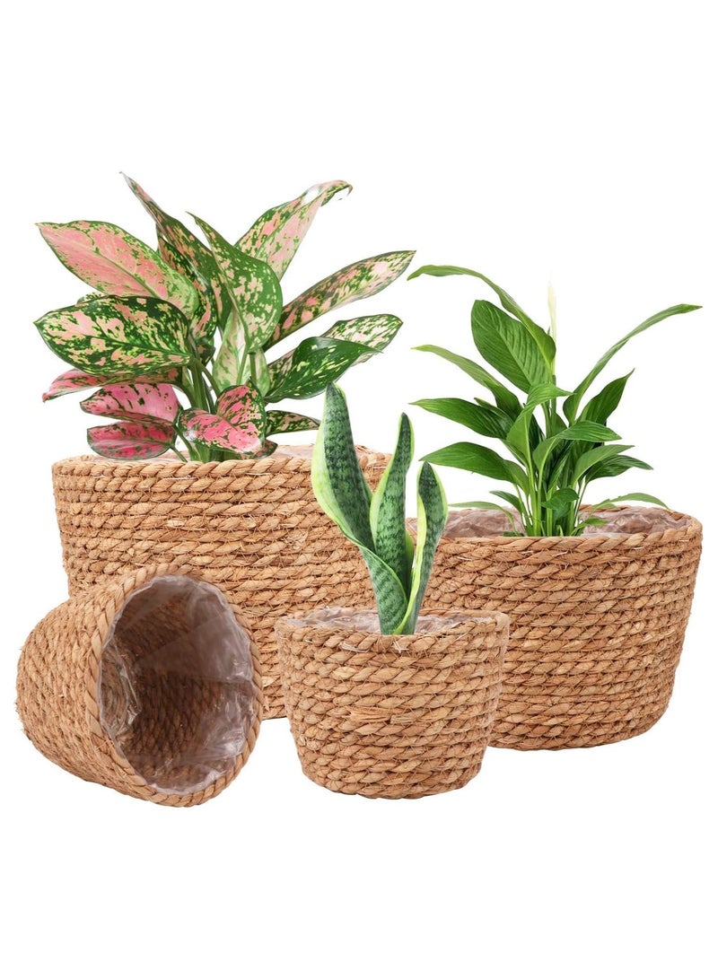 NANAO 4 Pcs Planter Basket, Hand Woven Plant Basket with Waterproof Plastic Liner, Round Natural Flower Pot for Indoor Outdoor Modern Home Decorati  - Image 1