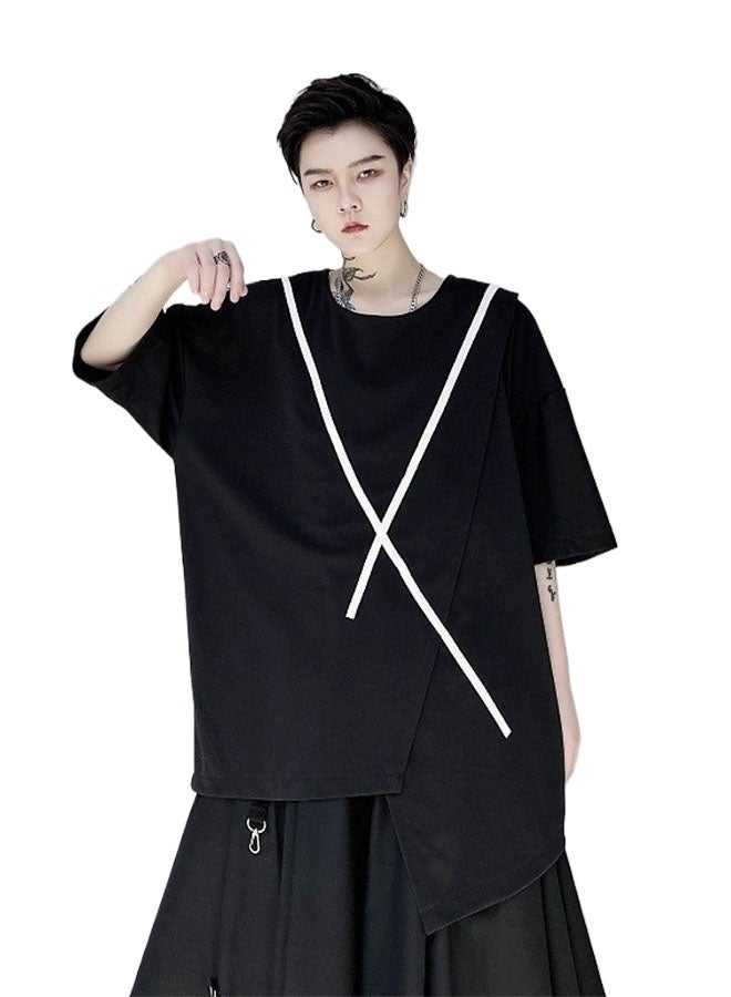 Summer stitching men's loose short-sleeved T-shirt-black  - Image 1