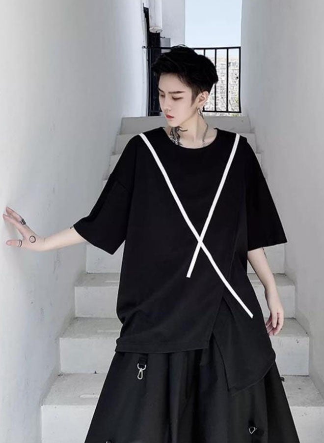 Summer stitching men's loose short-sleeved T-shirt-black  - Image 3