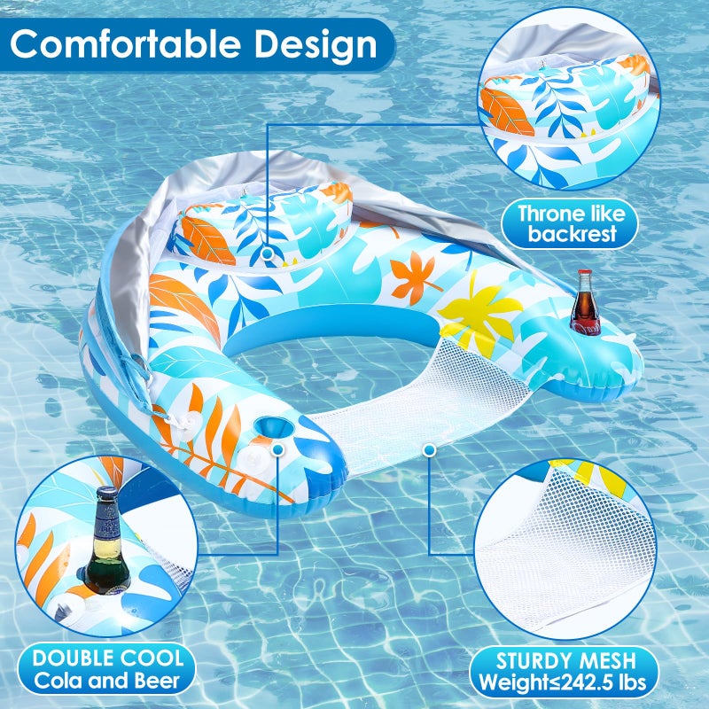 LAYCOL Adult Inflatable Pool Chair with Canopy, Ergonomic Headrest, Cup Holder, Blue, 47.5" x 37.5" x 27.5" - Image 5