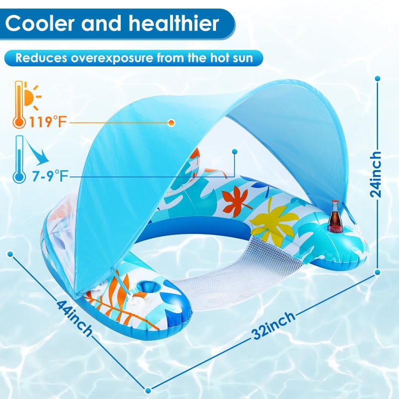 LAYCOL Adult Inflatable Pool Chair with Canopy, Ergonomic Headrest, Cup Holder, Blue, 47.5" x 37.5" x 27.5" - Image 3