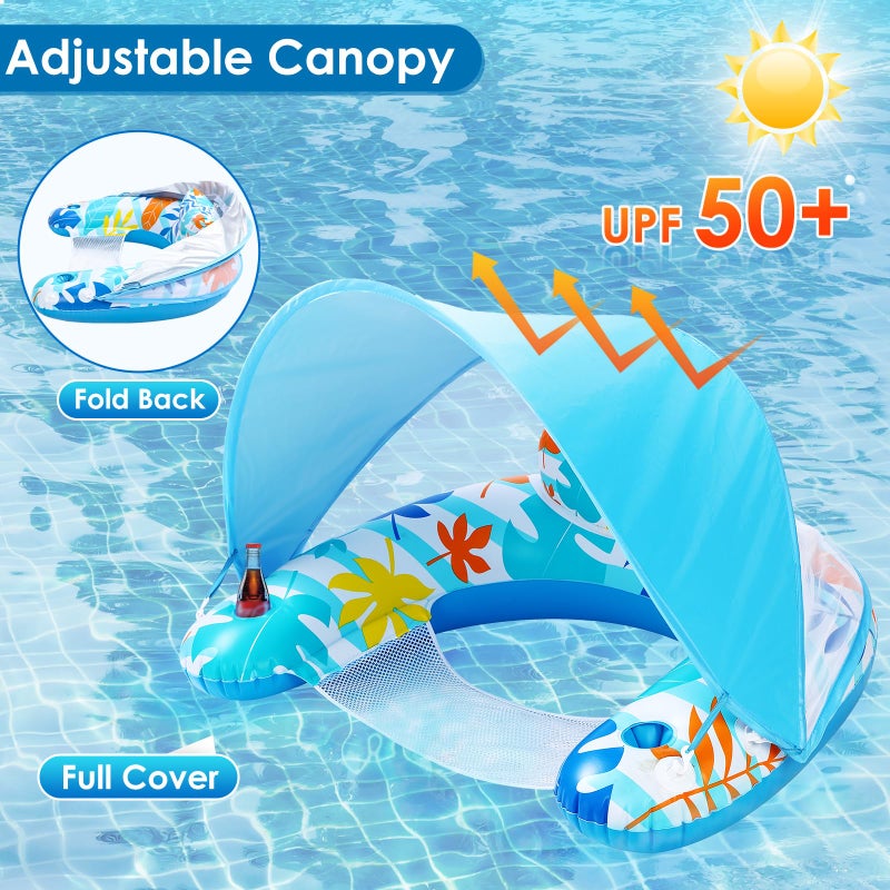 LAYCOL Adult Inflatable Pool Chair with Canopy, Ergonomic Headrest, Cup Holder, Blue, 47.5" x 37.5" x 27.5" - Image 2