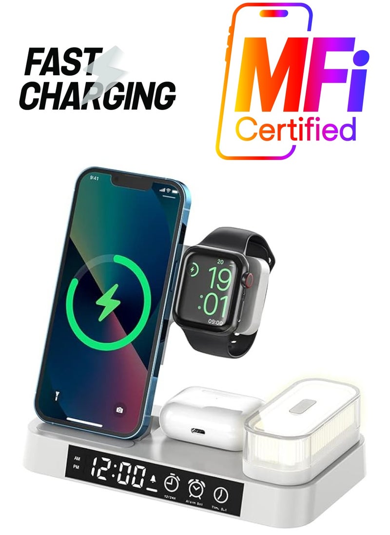 XVersion 5 in 1 Wireless Charger Station with Fast Charging and Lamp, Qi Multi Charging Stand, Fast Charger Stations compatible for Apple iPhone 14/13/12/11/ Ear buds/iWatch/Samsung/Nothing - White  - Image 1