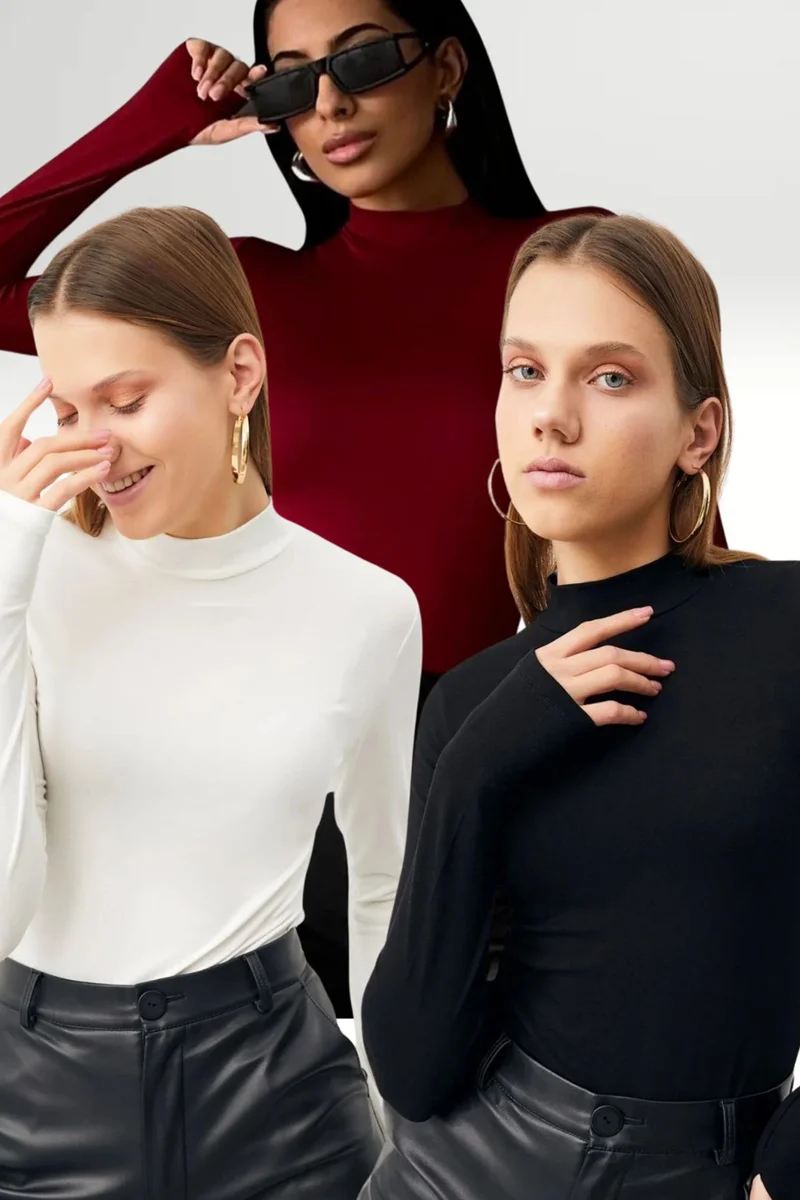 بيبانتولون BIPANTOLON Women's 3-Pack Slim Fit Half Turtleneck Bodysuits