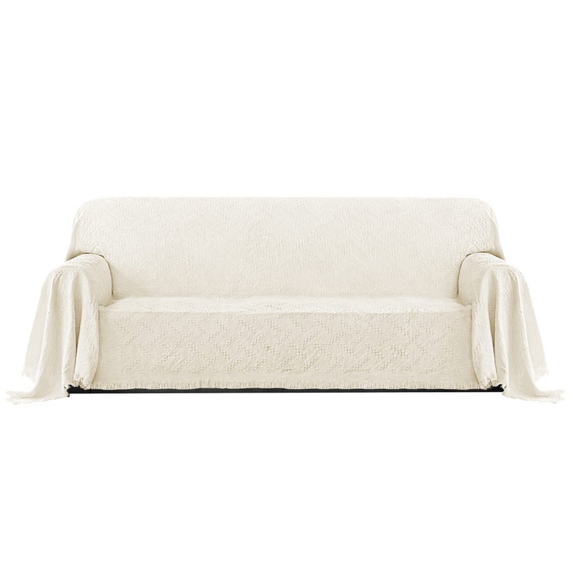 PureFit Geometric Jacquard Throw Sofa Cover  Textured Soft Washable Decorative Couch Covers for 3 Cushion Couch Throw Cover with Tassels Furniture Protector for Pets Kids Large Ivory