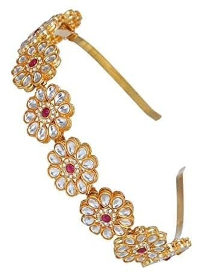 طوق شعر/ماتاباتي بتصميم زهرة كوندان مطلي بالذهب من النحاس للنساء/الفتيات/العروس (مجموعة من قطعة واحدة) (أحمر)-137 - Image 2