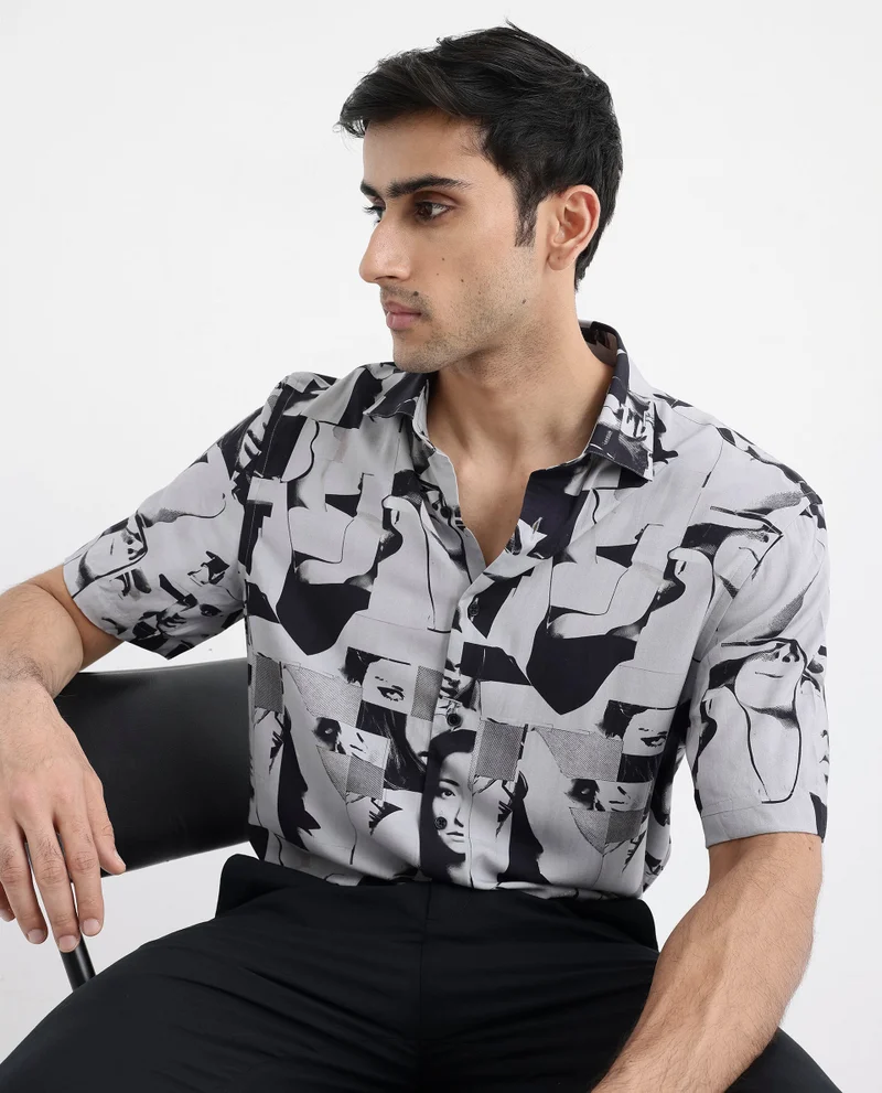 Rare Rabbit Rare Rabbit Men's Duval SS Grey Viscose Fabric Short Sleeves Boxy Fit Abstract Print Shirt