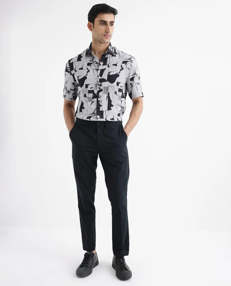 Rare Rabbit Rare Rabbit Men's Duval SS Grey Viscose Fabric Short Sleeves Boxy Fit Abstract Print Shirt