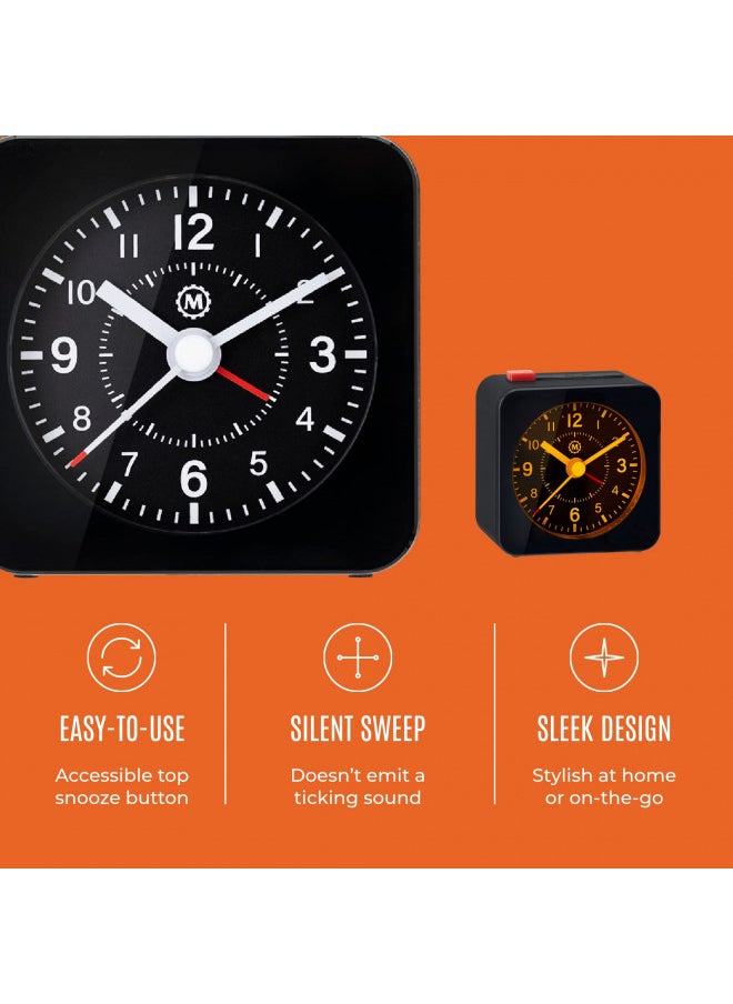 Marathon - MARATHON Mini Non-Ticking Analog Alarm Clock with Auto Blacklight, Black/Black - Silent Smooth Sweep - Alarm & Snooze Functions - Two AAA Batteries Included - Image 1