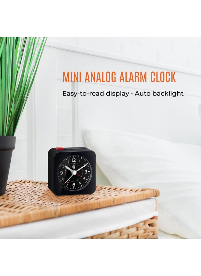 Marathon - MARATHON Mini Non-Ticking Analog Alarm Clock with Auto Blacklight, Black/Black - Silent Smooth Sweep - Alarm & Snooze Functions - Two AAA Batteries Included - Image 1