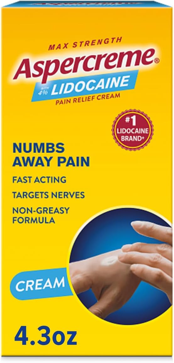 Aspercreme Aspercreme Lidocaine Pain Relief Cream Soothes Aggravated Nerves, Numbing Topical Analgesic with Max-Strength 4% Lidocaine & Moisturizing Aloe, 4.3 Oz.