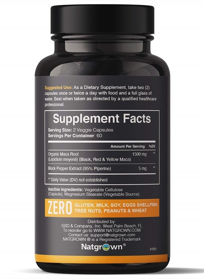 Natgrown Organic Maca Root Powder Capsules 1500 mg with Black + Red + Yellow Peruvian Maca Root Extract Supplement for Men and Women - Vegan Pills - Image 2