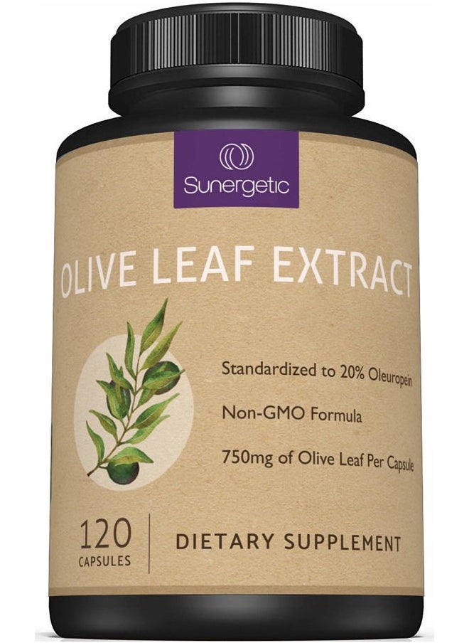 Sunergetic - Premium Olive Leaf Extract Capsules – Standardized to 20% Oleuropein – Super Strength Olive Leaf Exact Supplement Supports Immune System & Cardiovascular Health – 750mg Per Capsule – 120 Capsules - Image 1