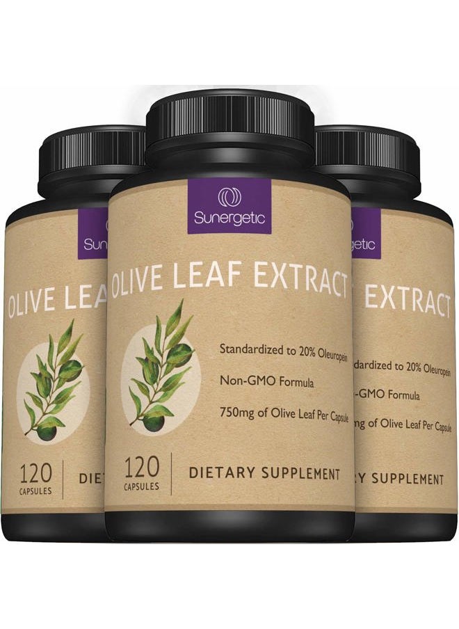 Sunergetic - Premium Olive Leaf Extract Capsules – Standardized to 20% Oleuropein – Super Strength Olive Leaf Exact Supplement Supports Immune System & Cardiovascular Health – 750mg Per Capsule – 120 Capsules - Image 1