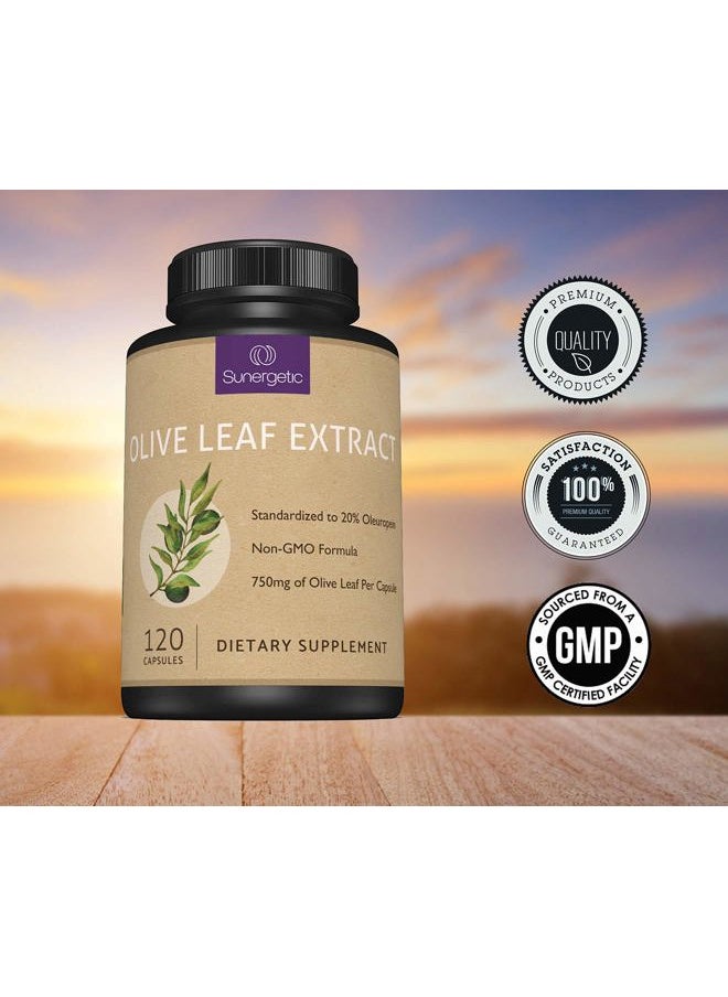 Sunergetic - Premium Olive Leaf Extract Capsules – Standardized to 20% Oleuropein – Super Strength Olive Leaf Exact Supplement Supports Immune System & Cardiovascular Health – 750mg Per Capsule – 120 Capsules - Image 1