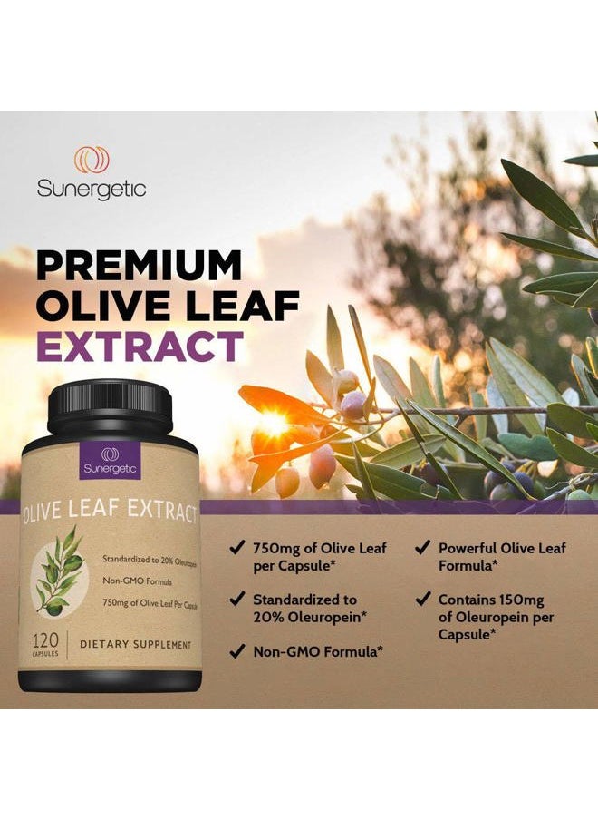 Sunergetic - Premium Olive Leaf Extract Capsules – Standardized to 20% Oleuropein – Super Strength Olive Leaf Exact Supplement Supports Immune System & Cardiovascular Health – 750mg Per Capsule – 120 Capsules - Image 1