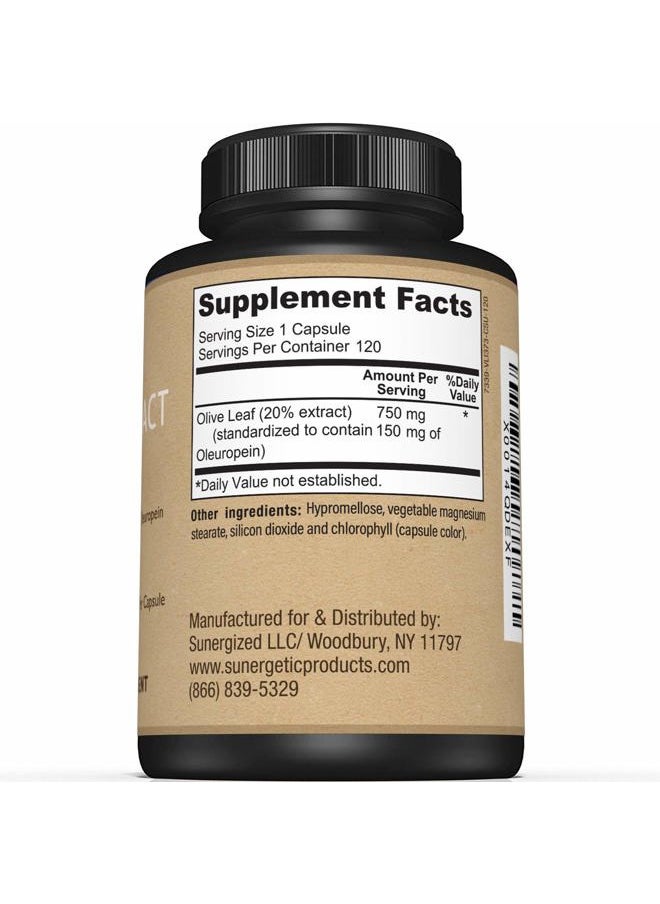 Sunergetic - Premium Olive Leaf Extract Capsules – Standardized to 20% Oleuropein – Super Strength Olive Leaf Exact Supplement Supports Immune System & Cardiovascular Health – 750mg Per Capsule – 120 Capsules - Image 1