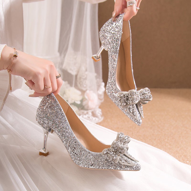 Plus Size Chinese Wedding Shoes Bridal Shoes Crystal Sequins Wedding Xiuhe Thin Heel Pointed Banquet Shoes - Image 4