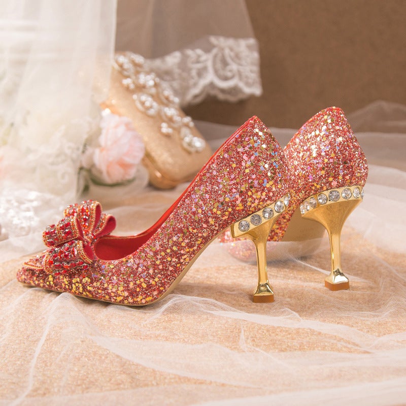 Plus Size Chinese Wedding Shoes Bridal Shoes Crystal Sequins Wedding Xiuhe Thin Heel Pointed Banquet Shoes - Image 1