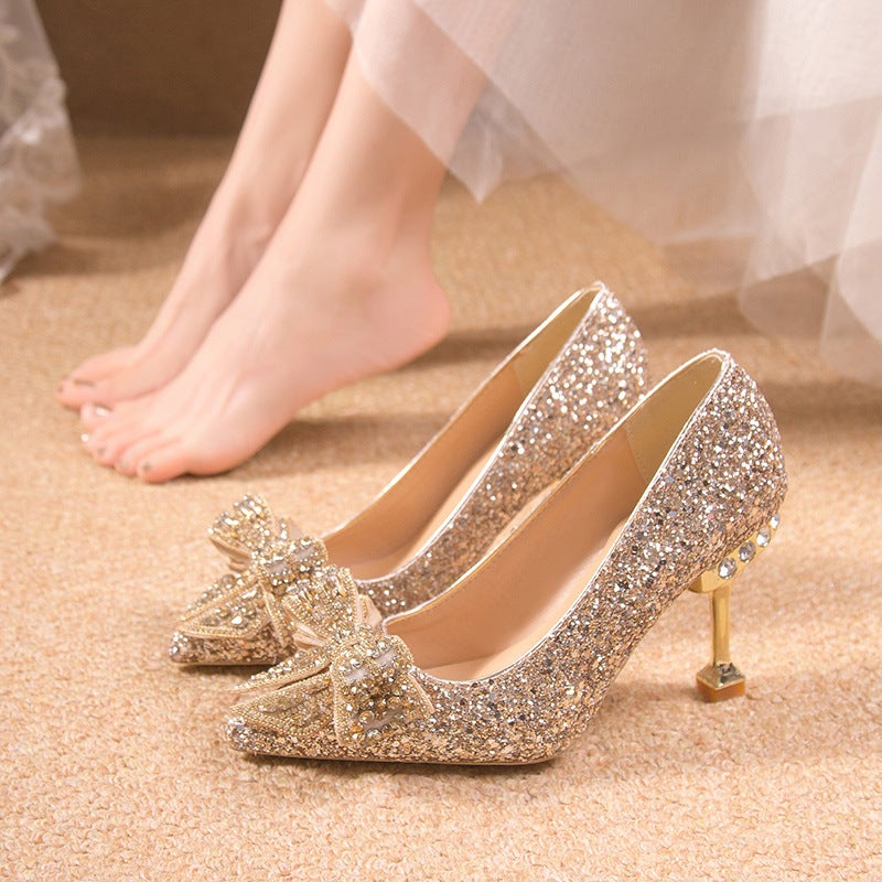 Plus Size Chinese Wedding Shoes Bridal Shoes Crystal Sequins Wedding Xiuhe Thin Heel Pointed Banquet Shoes - Image 5