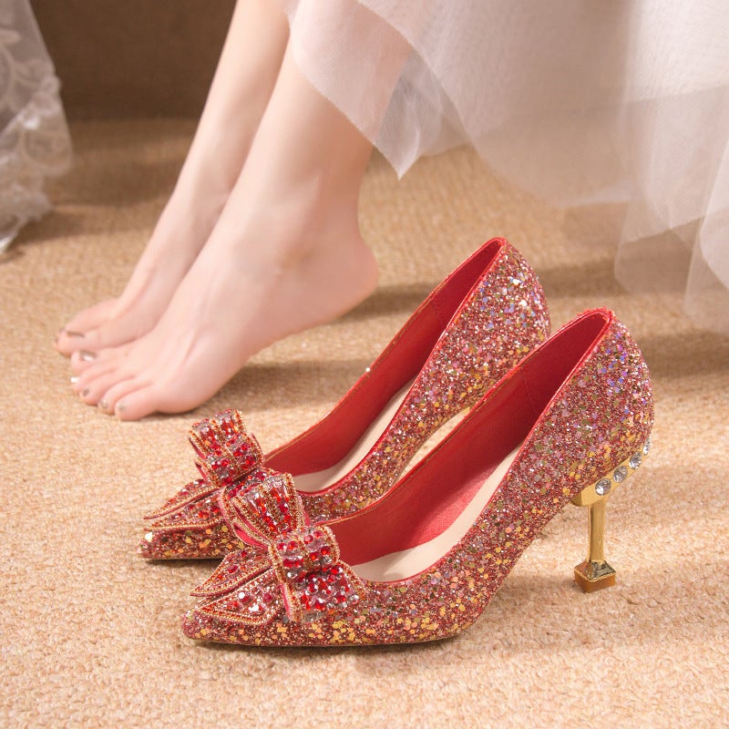 Plus Size Chinese Wedding Shoes Bridal Shoes Crystal Sequins Wedding Xiuhe Thin Heel Pointed Banquet Shoes - Image 3