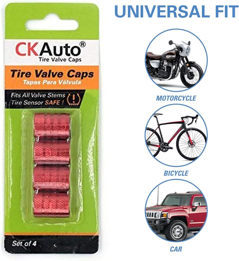 CKAuto Tire Valve Stem Caps, Red, 4 pcs/Pack, Anodized Aluminum Tire Valve Cap Set, Corrosion Resistant, Universal Stem Covers for Cars Trucks Motorcycles SUVs and Bikes - Image 5