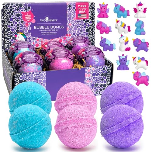 Two Sisters Unicorn Bath Bombs for Girls with Surprise Toys Inside (6 Pack) - Large Bubble Bomb for Kids, Gentle and Safe, Made in USA, Fizzies, Fruity Scents, Won't Stain Tub - Ideal Gift by Two Sisters - Image 1