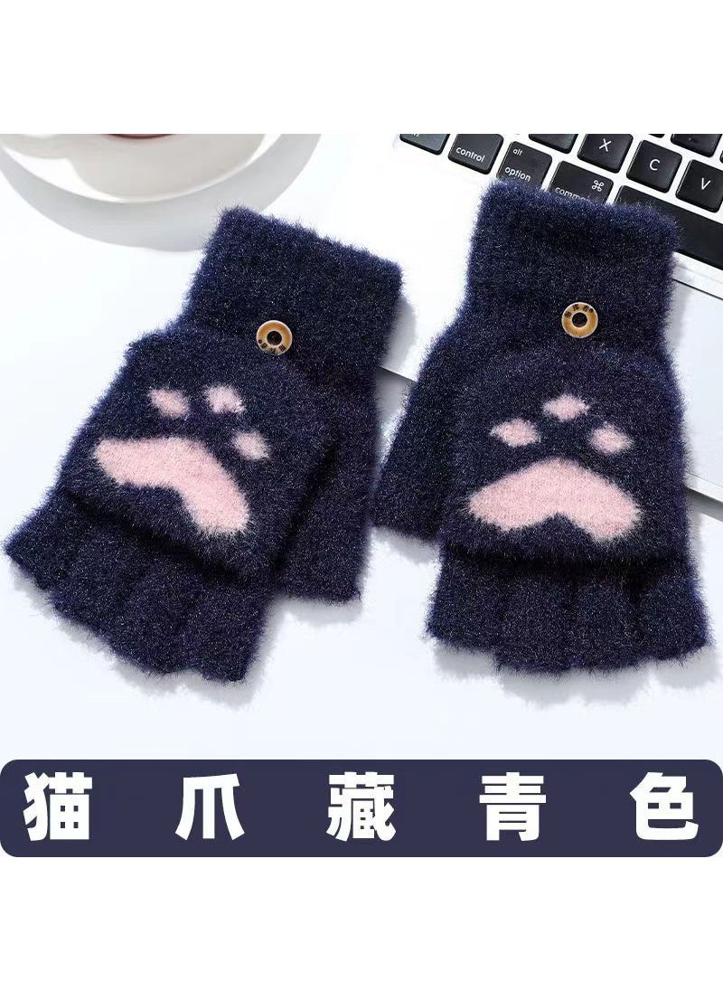 Generic - Winter Half-finger Flip Cover Warm Thickened Bag Cover Finger Faux Fur Casual Versatile Student Writing Plush Glove Cat Claw Green - Image 1