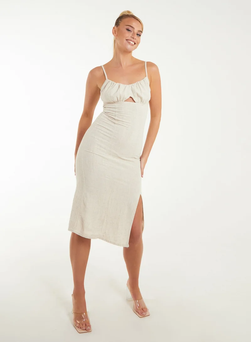 Pink Vanilla Ruched Linen Style Midi Dress