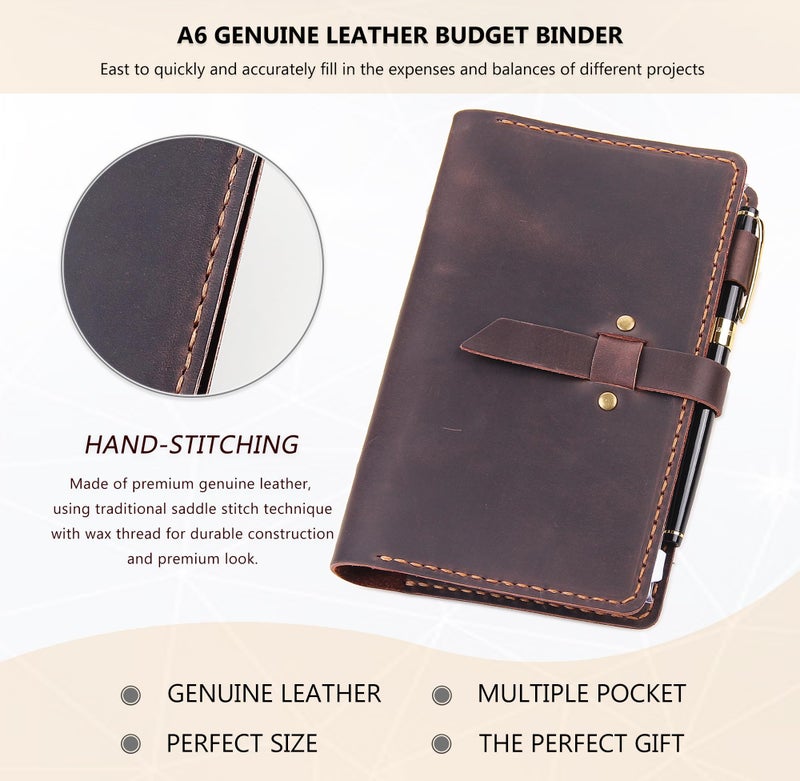 Robrasim Leather Binder Budget with Cash Envelopes, Handmade Leather A6 Binder for Money Saving Planner, Cash Envelopes for Budgeting, Money Organizer for Cash - Coffee - Image 2