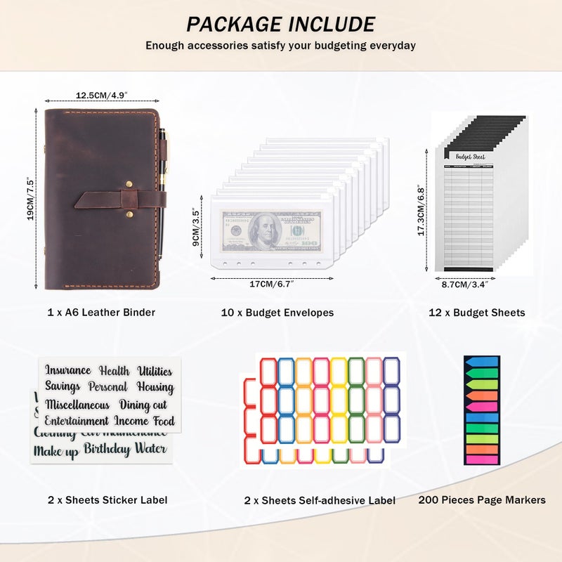 Robrasim Leather Binder Budget with Cash Envelopes, Handmade Leather A6 Binder for Money Saving Planner, Cash Envelopes for Budgeting, Money Organizer for Cash - Coffee - Image 4
