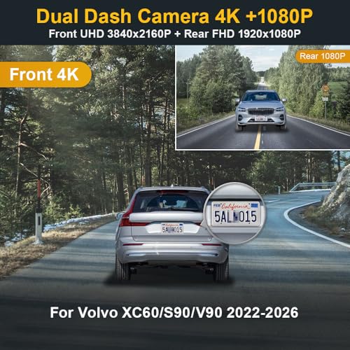 Fitcamx Front 4K+Rear 1080P Dash Cam Adapts for Volvo XC60 V90 S90 2022-2026 B5 B6 T8 (Model B), OEM Style, Dual HD Video, Loop Recording, Built-in WiFi & APP, G-Sensor, Easy to Set, 128GB Card - Image 3