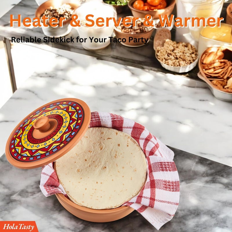 woobud Mexican Terracotta Tortilla Warmer Authentic Terra Cotta Tortilla Holder w Warmer Cloth Natural Clay Heater  Tortillero  Hold 8 inch Flour Tortillas Warmer for Roti Bread Pancakes  Taco Party - Image 2